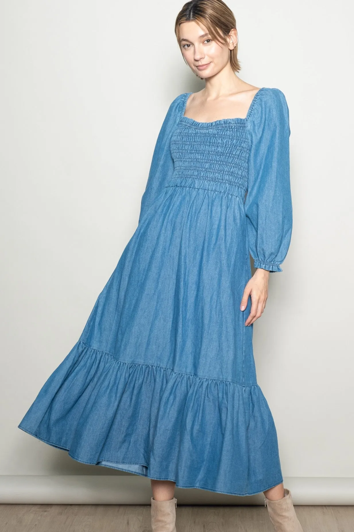 Denim Washed Sweetheart Maxi Dress sold by Pinkblush