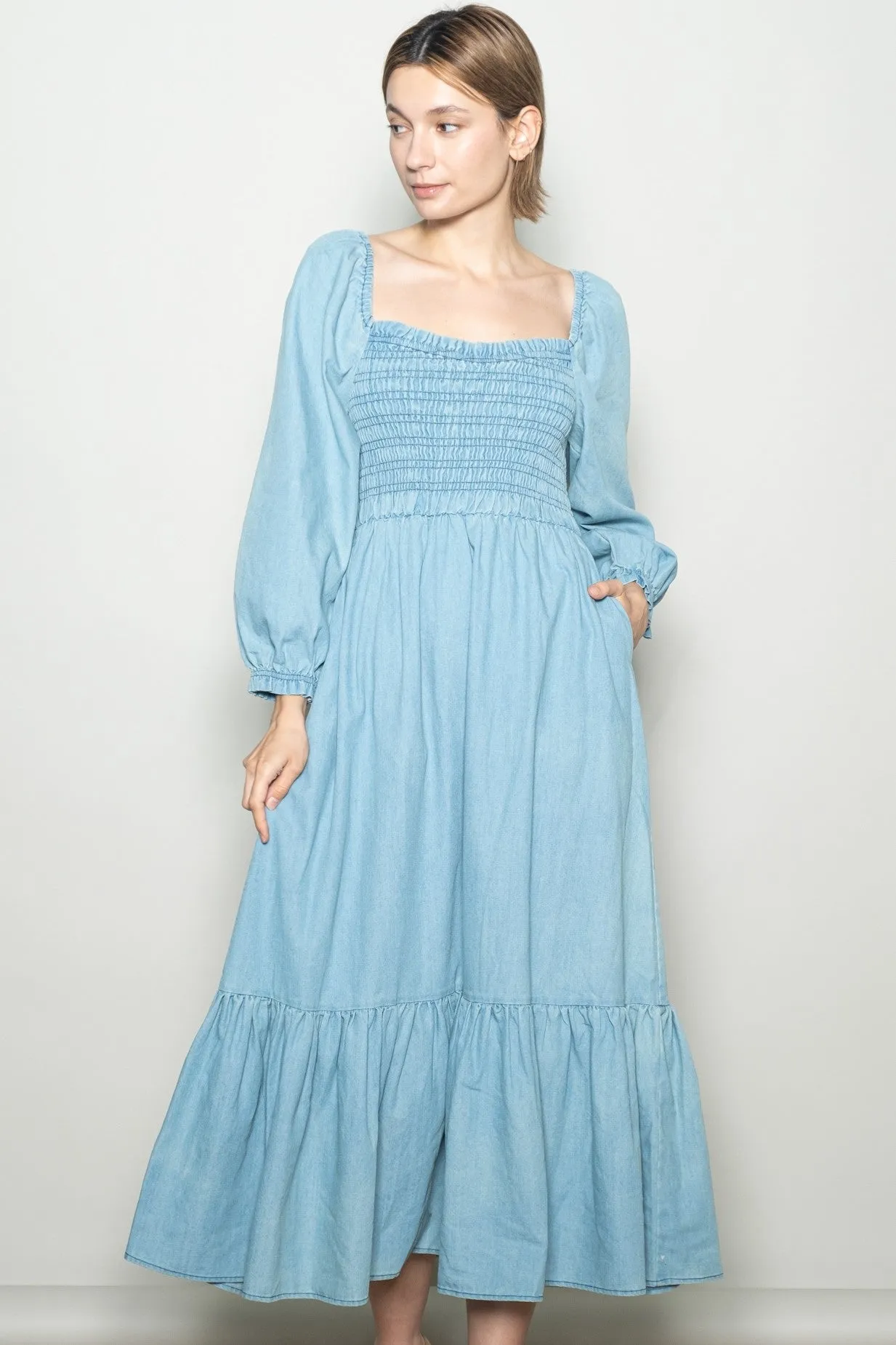 Light Denim Washed Sweetheart Maxi Dress sold by Pinkblush
