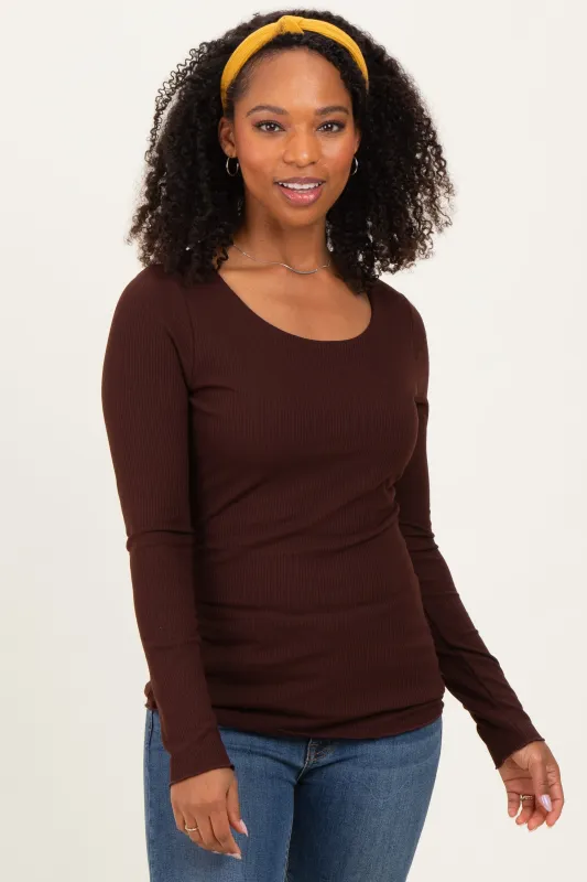 Brown Ribbed Long Sleeve Lettuce Trim Top sold by Pinkblush