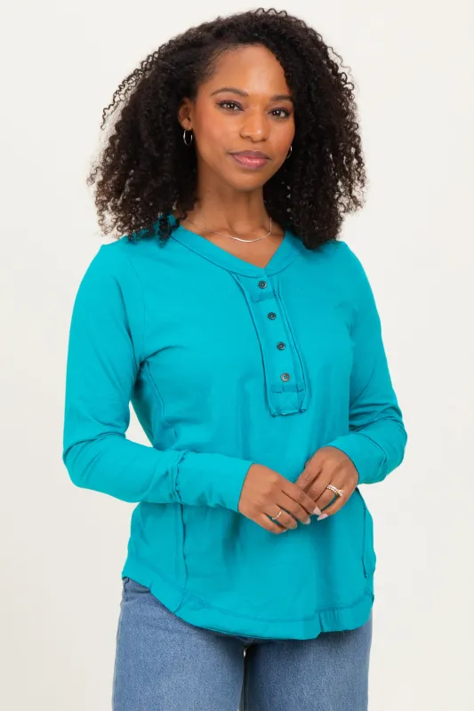 Turquoise Long Sleeve Exposed Seam Top sold by Pinkblush