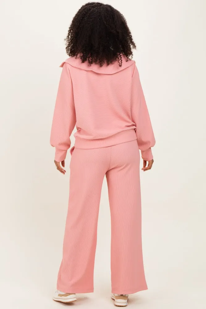 Peach Ribbed High Neck Half Zip Pullover Pant Set sold by Pinkblush product image thumbnail 4
