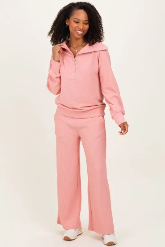 Peach Ribbed High Neck Half Zip Pullover Pant Set sold by Pinkblush