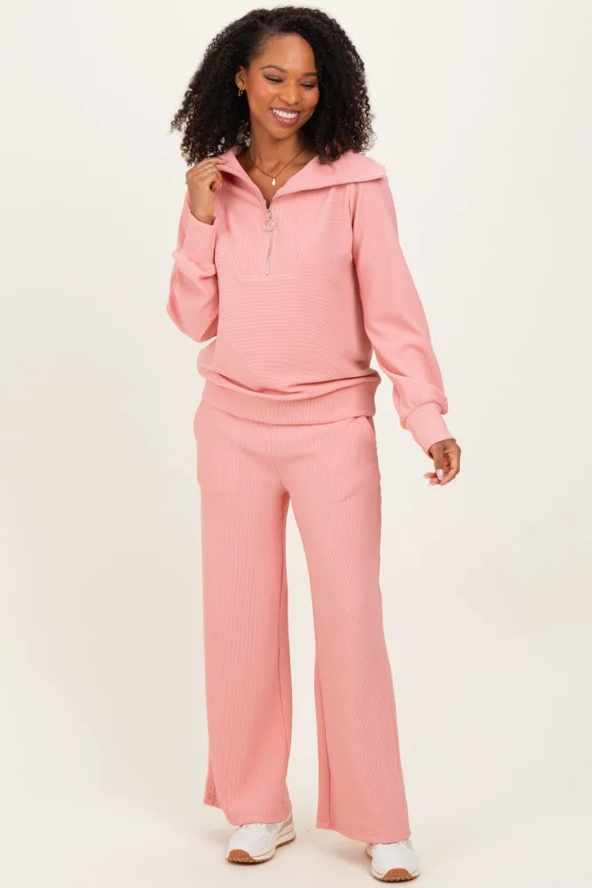Peach Ribbed High Neck Half Zip Pullover Pant Set sold by Pinkblush