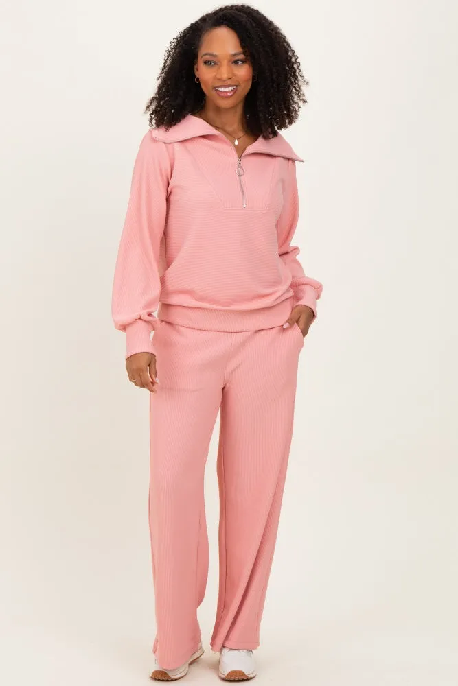 Peach Ribbed High Neck Half Zip Pullover Pant Set sold by Pinkblush product image thumbnail 2
