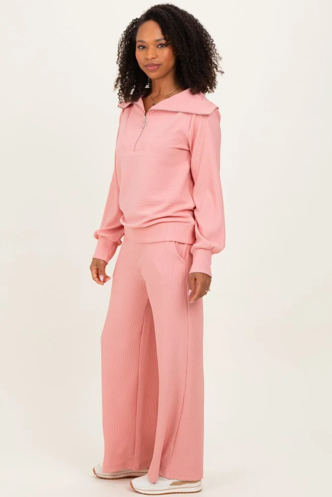 Peach Ribbed High Neck Half Zip Pullover Pant Set sold by Pinkblush product image thumbnail 3