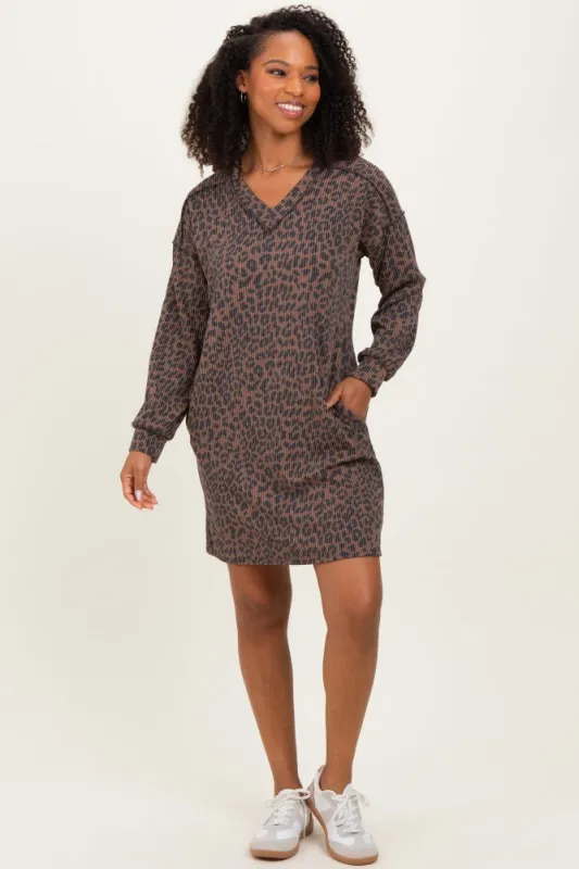Brown Animal Print Ribbed Long Sleeve Dress sold by Pinkblush