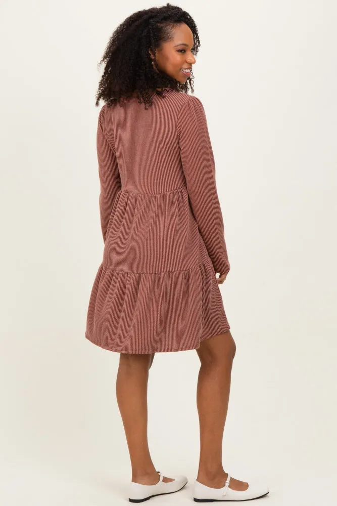 Rust Textured Rib Tiered Long Sleeve Dress sold by Pinkblush product image thumbnail 3