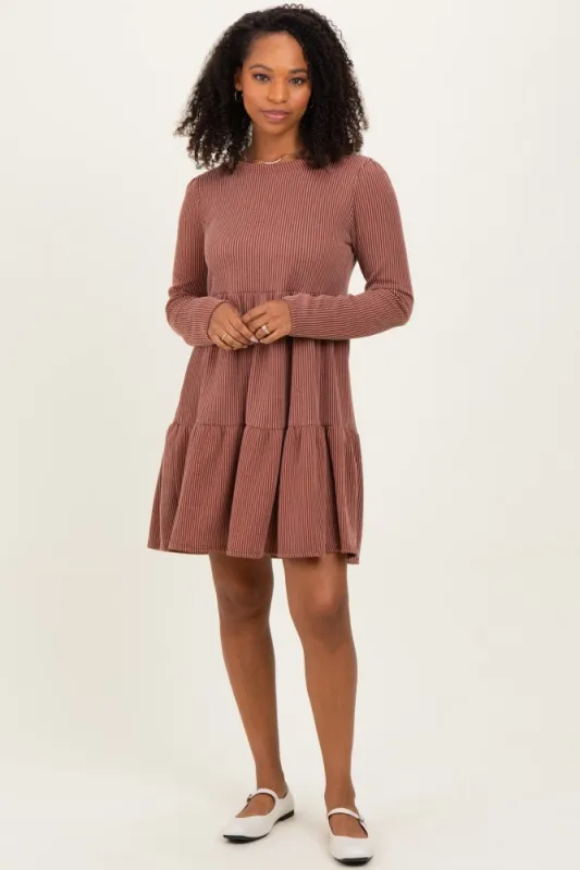 Rust Textured Rib Tiered Long Sleeve Dress sold by Pinkblush