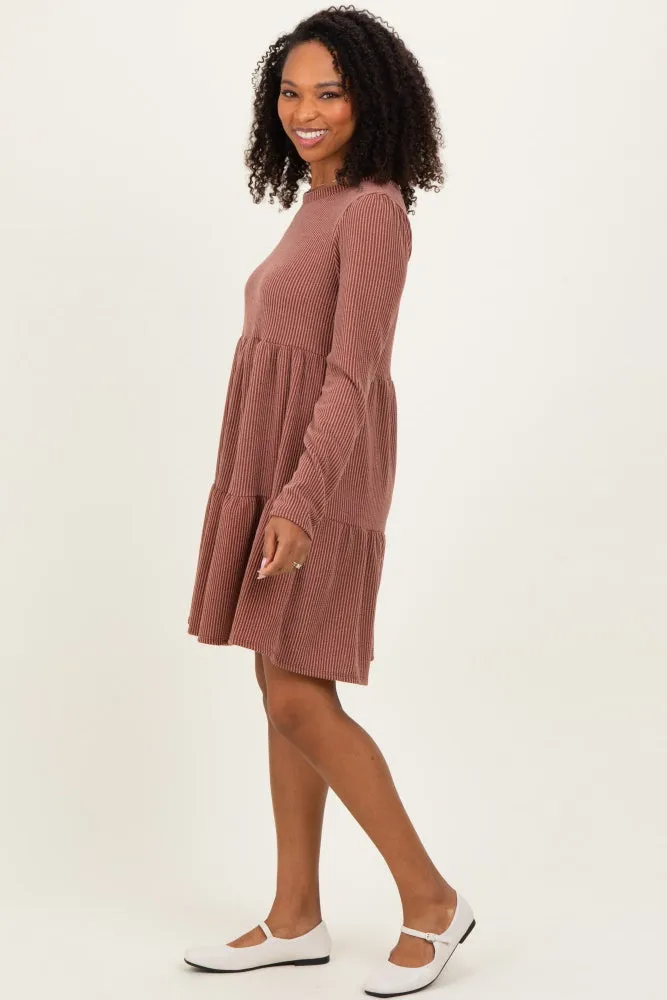 Rust Textured Rib Tiered Long Sleeve Dress sold by Pinkblush product image thumbnail 2
