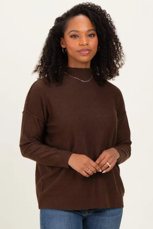 Brown Mock Neck Exposed Seam Sweater sold by Pinkblush