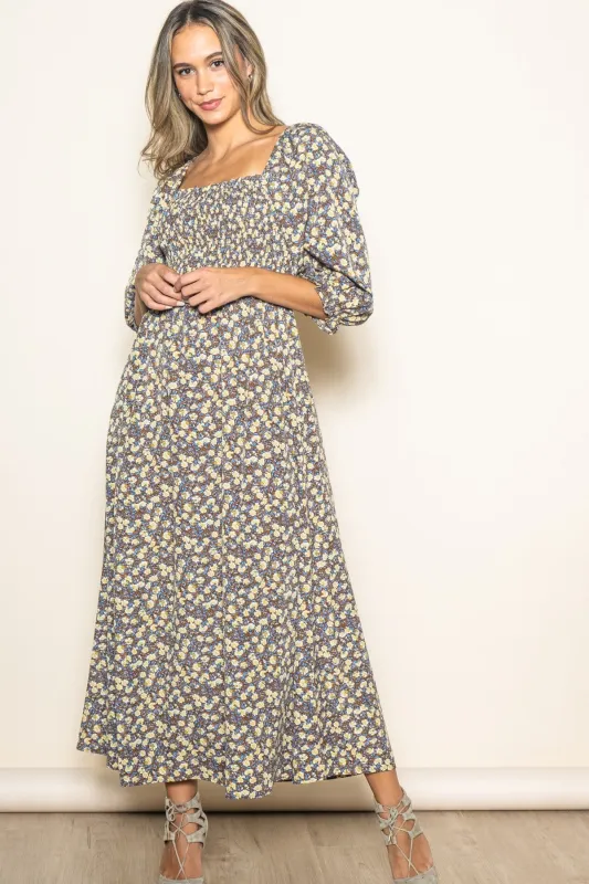 Chestnut Floral Print Smocked Bodice Maxi Dress sold by Pinkblush