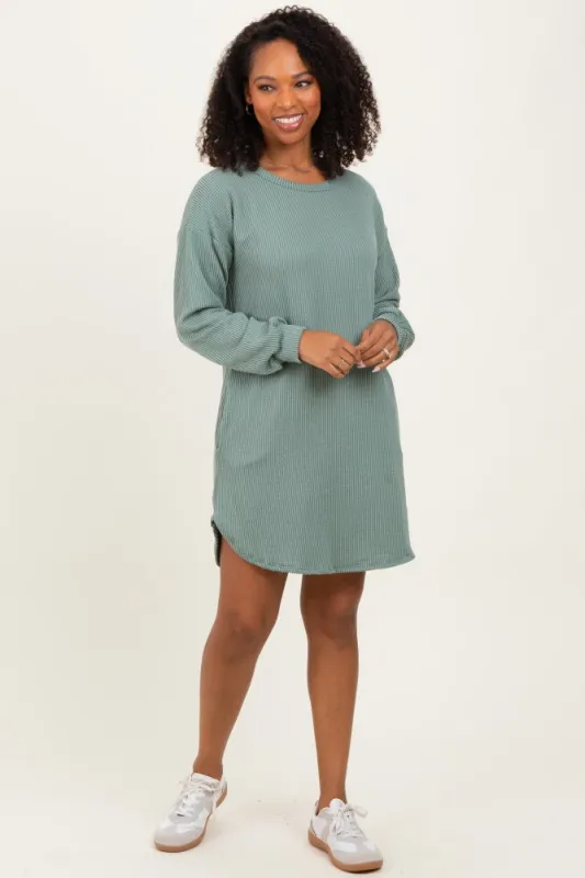 Light Olive Rib Knit Long Sleeve Dress sold by Pinkblush