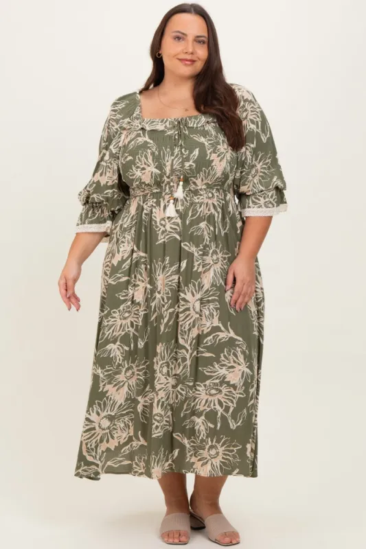 Olive Floral Smocked 3/4 Sleeve Plus Midi Dress made by Pinkblush