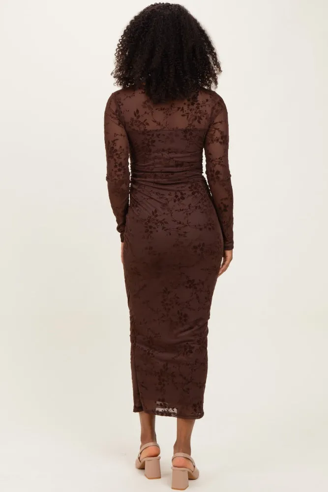 Brown Floral Flocked Mesh Long Sleeve Midi Dress sold by Pinkblush product image thumbnail 4