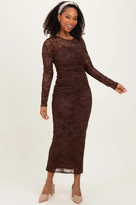 Brown Floral Flocked Mesh Long Sleeve Midi Dress sold by Pinkblush