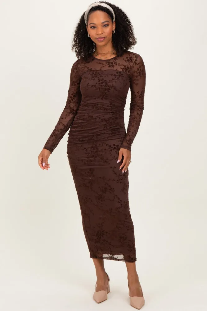 Brown Floral Flocked Mesh Long Sleeve Midi Dress sold by Pinkblush product image thumbnail 2