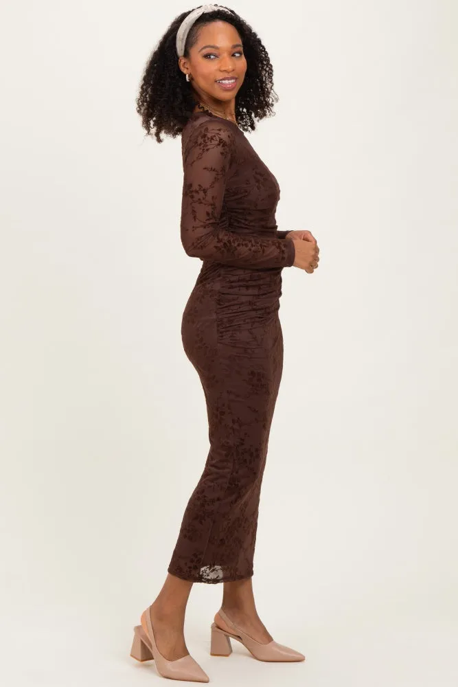 Brown Floral Flocked Mesh Long Sleeve Midi Dress sold by Pinkblush product image thumbnail 3