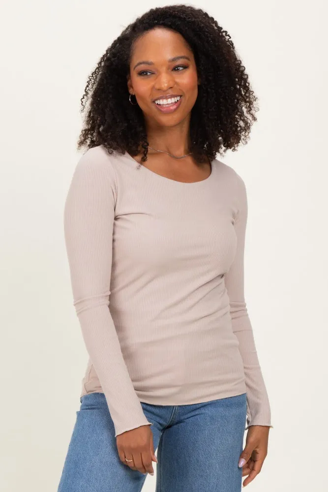 Beige Ribbed Long Sleeve Lettuce Trim Top sold by Pinkblush
