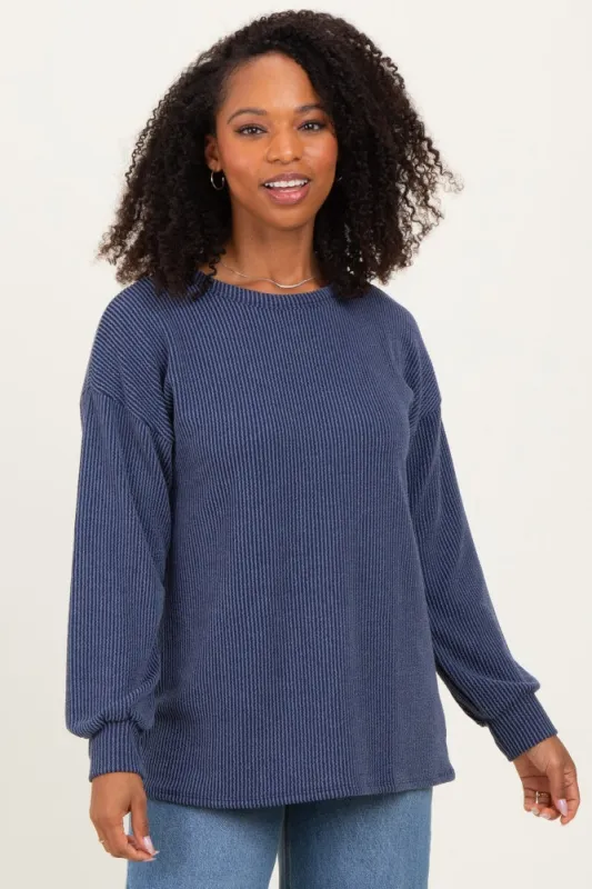 Navy Puff Sleeve Solid Ribbed Top sold by Pinkblush