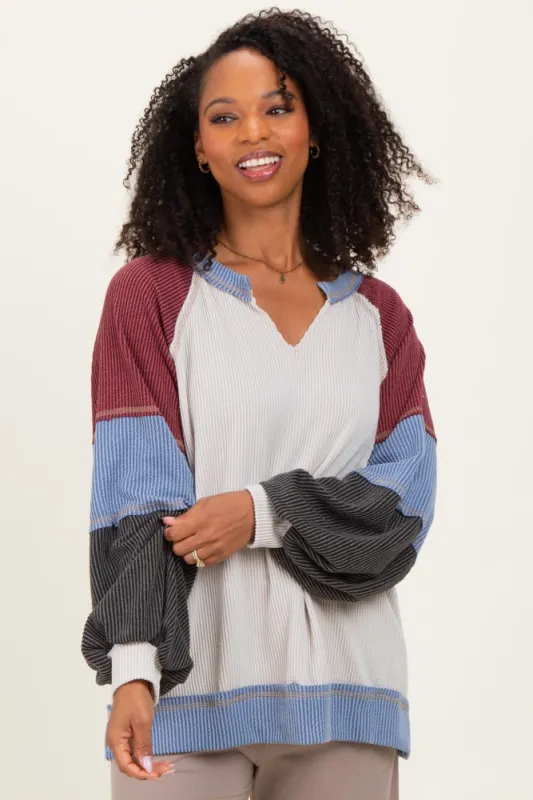 Burgundy Color Block Long Sleeve V-Neck Top sold by Pinkblush