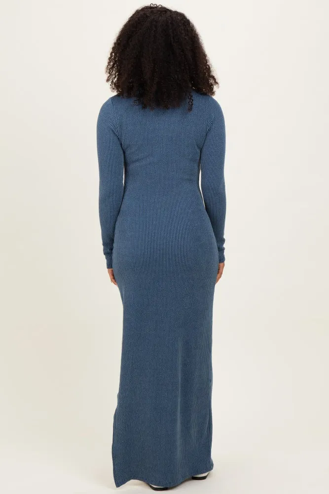 Navy Ribbed Long Sleeve Side Slit Maxi Dress sold by Pinkblush product image thumbnail 4