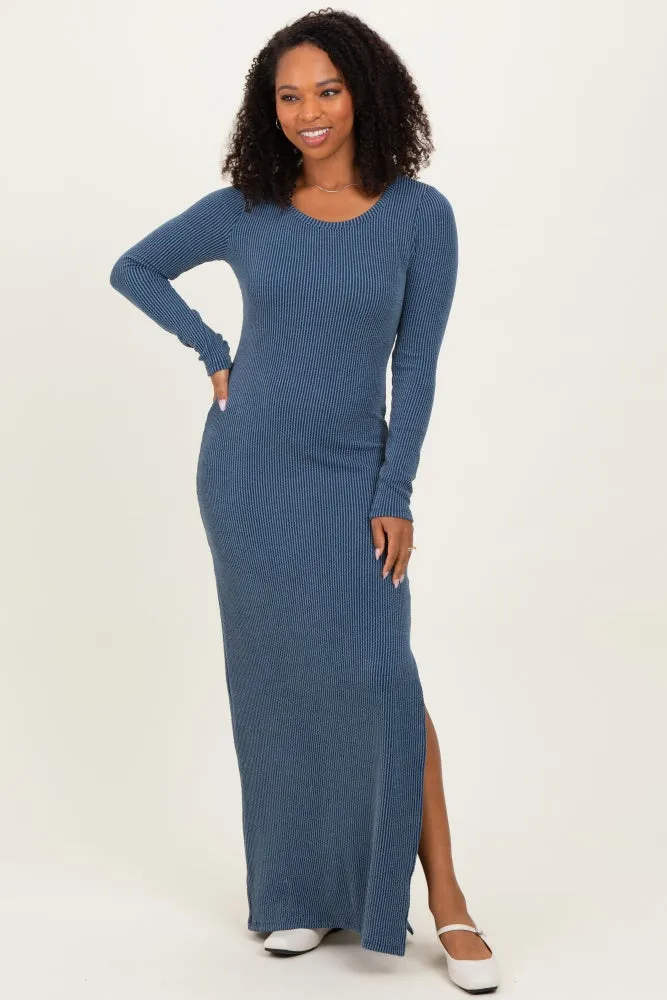 Navy Ribbed Long Sleeve Side Slit Maxi Dress sold by Pinkblush