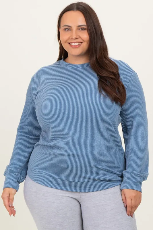 Blue Textured Ribbed Long Sleeve Plus Top sold by Pinkblush