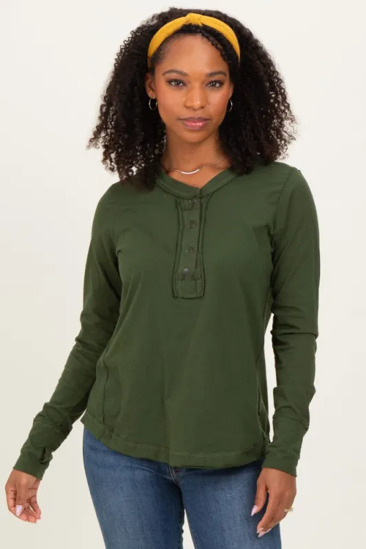 Army Olive Long Sleeve Exposed Seam Top sold by Pinkblush