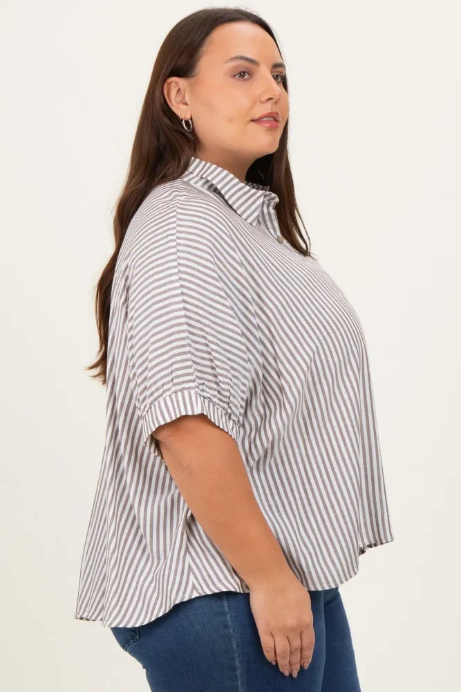 Brown Striped Button Up Short Dolman Sleeve Plus Top sold by Pinkblush product image thumbnail 3