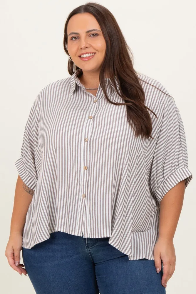 Brown Striped Button Up Short Dolman Sleeve Plus Top sold by Pinkblush