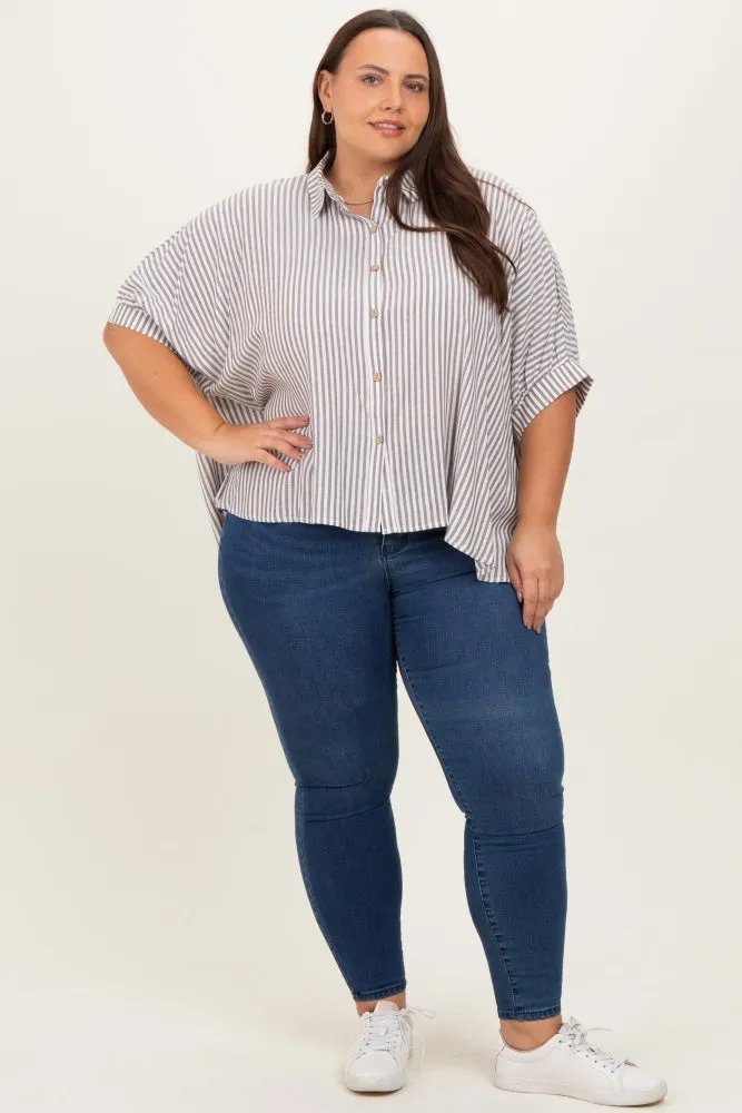 Brown Striped Button Up Short Dolman Sleeve Plus Top sold by Pinkblush product image thumbnail 2