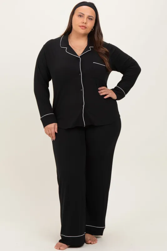 Black Button Down Top Wide Leg Pant Plus Pajama Set sold by Pinkblush