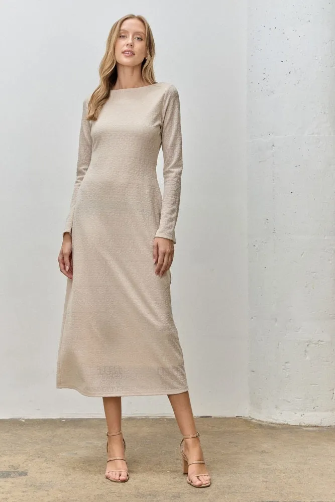 Beige Lace Jacquard Long Sleeve Midi Dress sold by Pinkblush