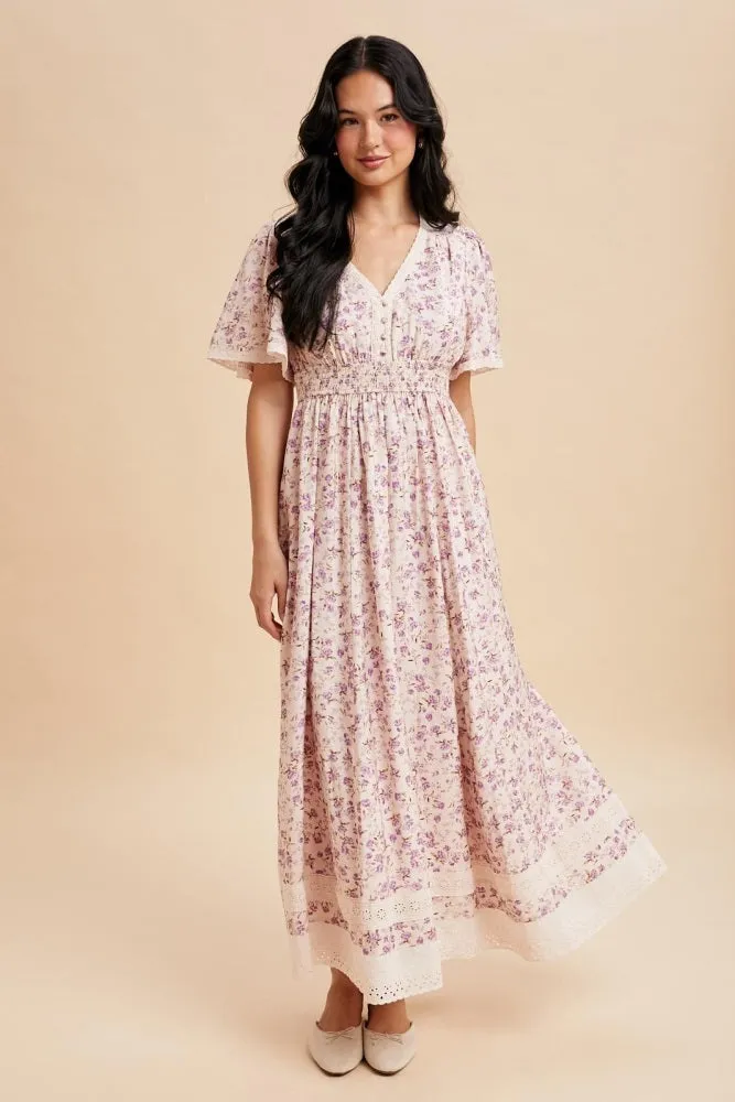 Lavender Floral Lace Trim Flutter Sleeve Maxi Dress sold by Pinkblush product image thumbnail 3