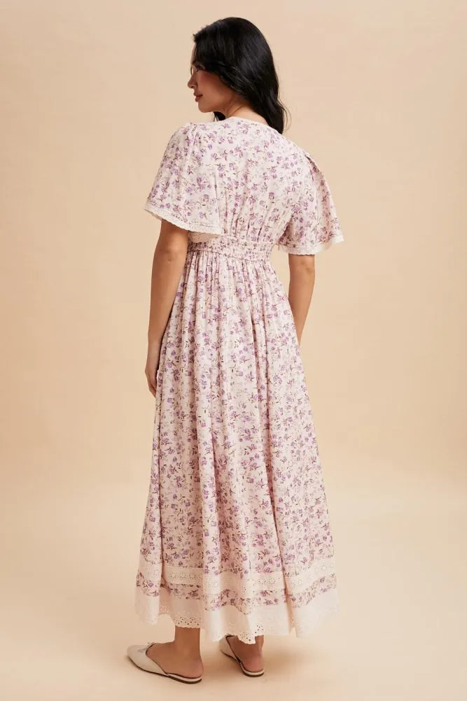 Lavender Floral Lace Trim Flutter Sleeve Maxi Dress sold by Pinkblush product image thumbnail 4