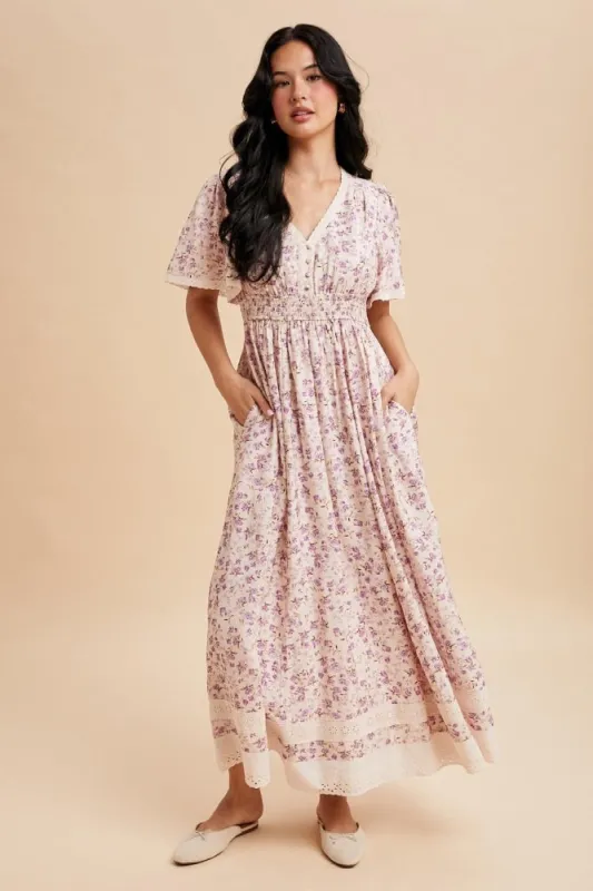 Lavender Floral Lace Trim Flutter Sleeve Maxi Dress sold by Pinkblush