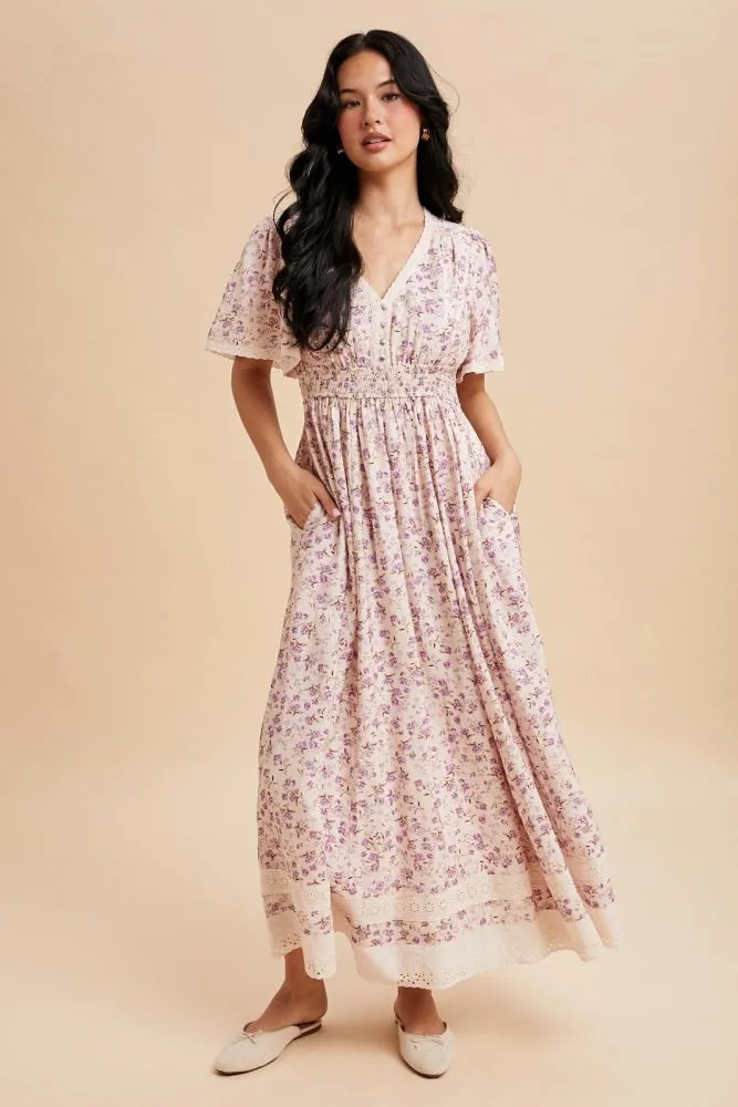 Lavender Floral Lace Trim Flutter Sleeve Maxi Dress sold by Pinkblush
