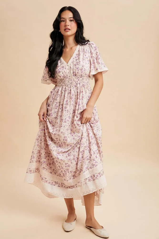 Lavender Floral Lace Trim Flutter Sleeve Maxi Dress sold by Pinkblush product image thumbnail 2