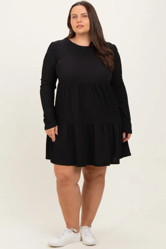 Black Textured Rib Tiered Long Sleeve Plus Dress sold by Pinkblush