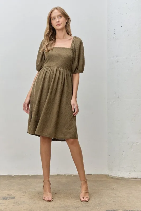 Olive Lace Jacquard Puff Sleeve Dress made by Polagram