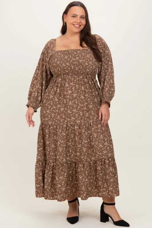Mocha Floral Smocked Long Sleeve Plus Maxi Dress sold by Pinkblush