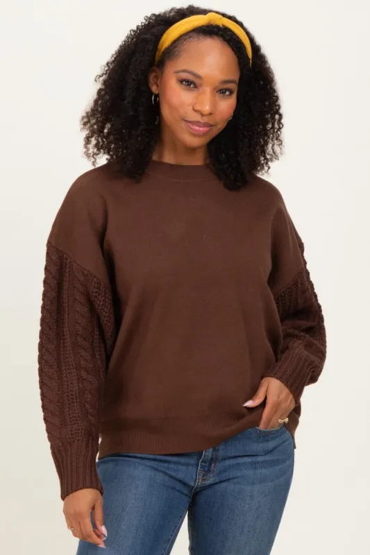 Brown Cable Knit Sleeve Round Neck Maternity Sweater sold by Pinkblush