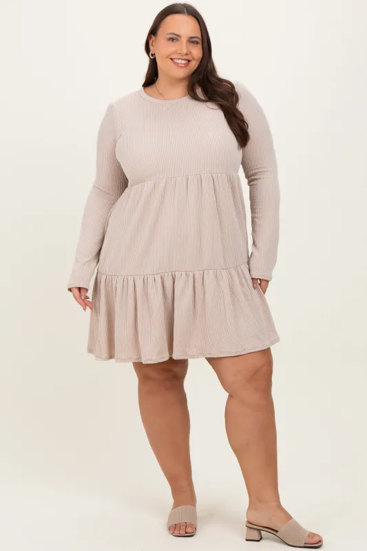 Beige Textured Rib Tiered Long Sleeve Plus Dress sold by Pinkblush