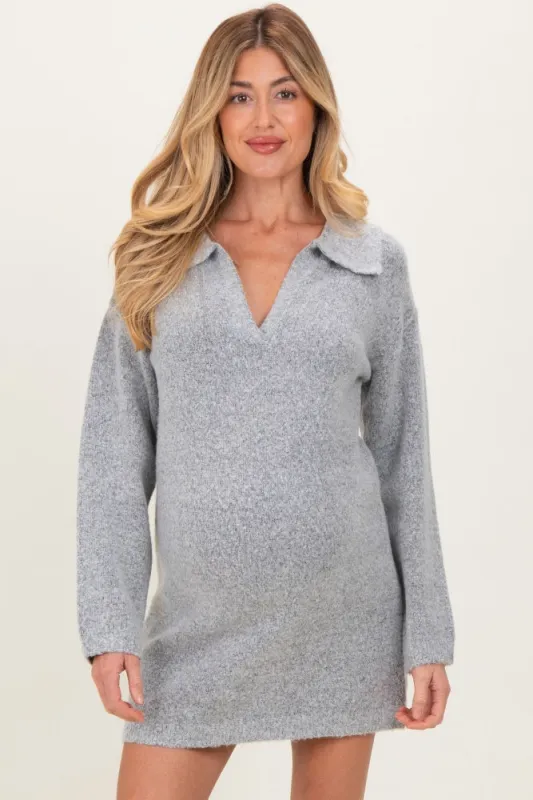 Heather Grey Long Sleeve Polo Maternity Sweater Dress sold by Pinkblush