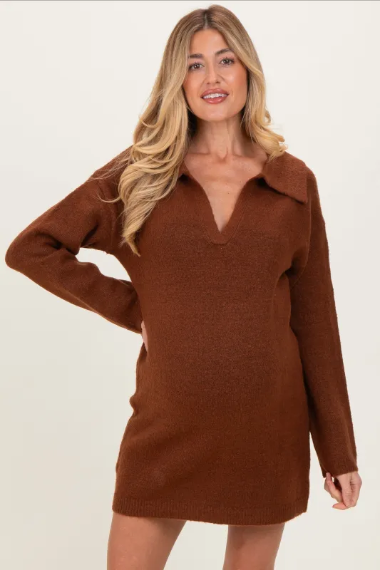 Brown Long Sleeve Polo Maternity Sweater Dress sold by Pinkblush