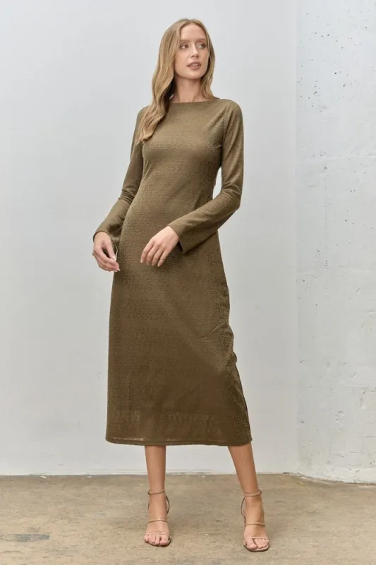 Olive Lace Jacquard Long Sleeve Midi Dress sold by Pinkblush