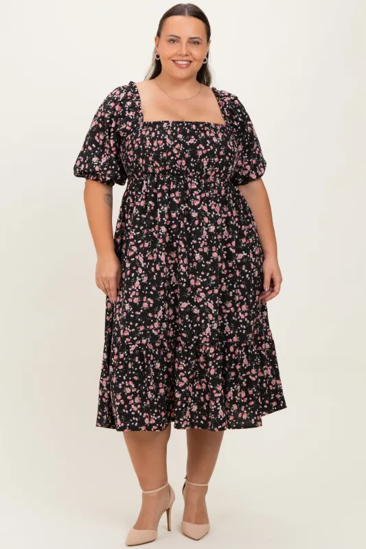 Black Floral Smocked Plus Midi Dress sold by Pinkblush