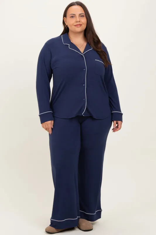 Navy Button Down Top Wide Leg Pant Plus Pajama Set sold by Pinkblush