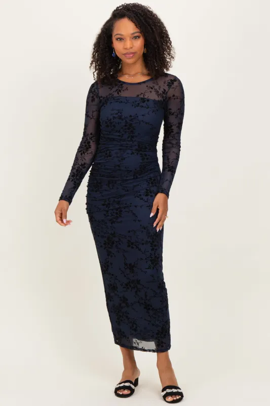 Navy Floral Flocked Mesh Long Sleeve Midi Dress sold by Pinkblush