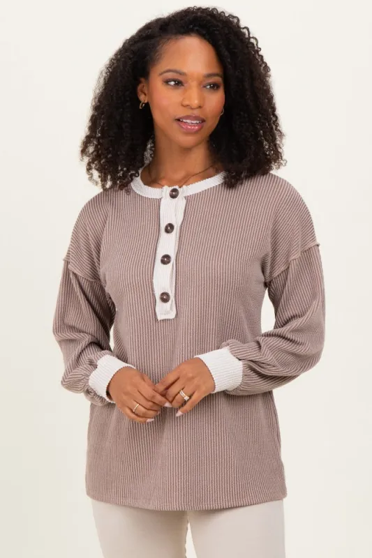 Mocha Long Sleeve Contrast Button Detail Rib Top sold by Pinkblush